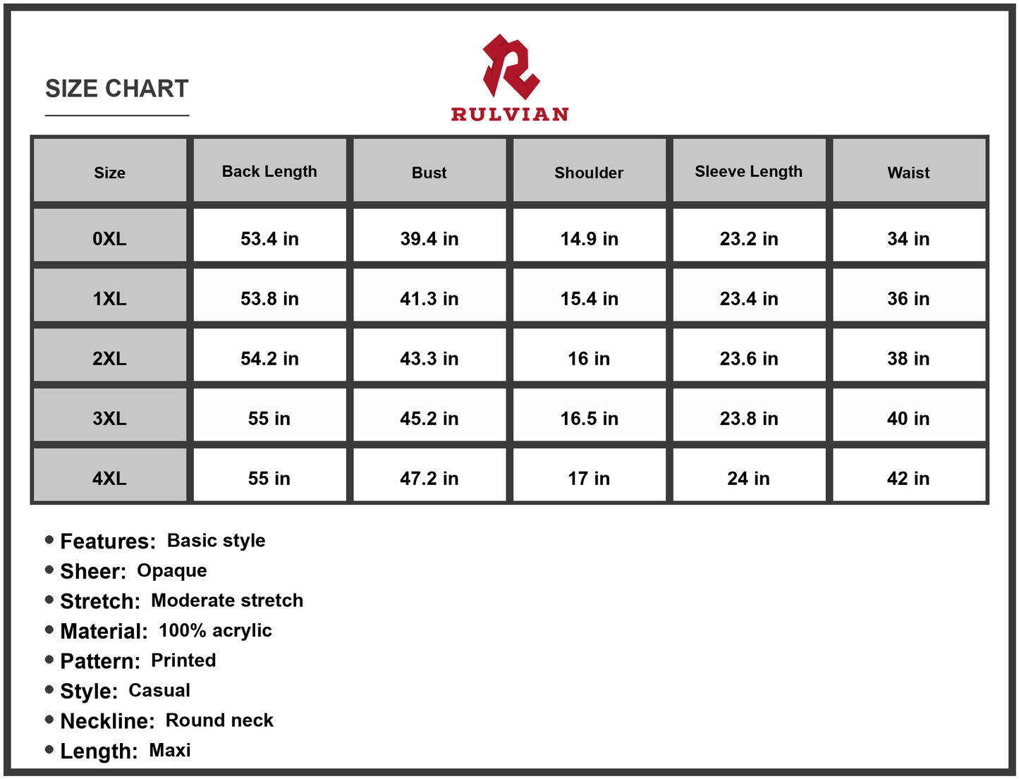 Size Chart - Women's Plus Size Round Neck Maxi Dress with Pockets Casual Everyday Wear 100% Acrylic Fabric for Comfortable All Day