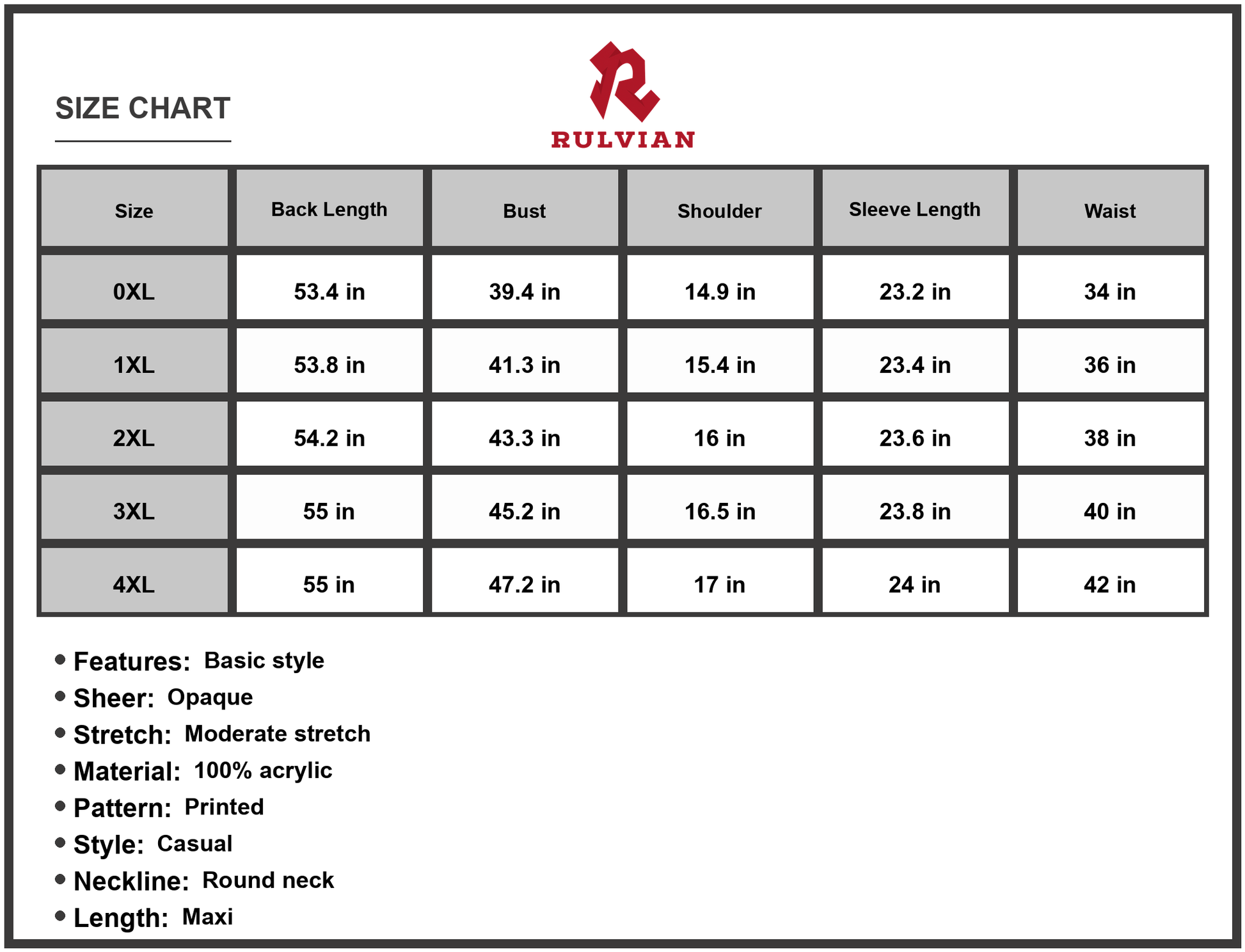 Size Chart - Women's Plus Size Round Neck Maxi Dress with Pockets Casual Everyday Wear 100% Acrylic Fabric for Comfortable All Day