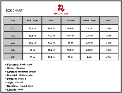 Size Chart - Women's Plus Size Round Neck Maxi Dress with Pockets Casual Everyday Wear 100% Acrylic Fabric for Comfortable All Day