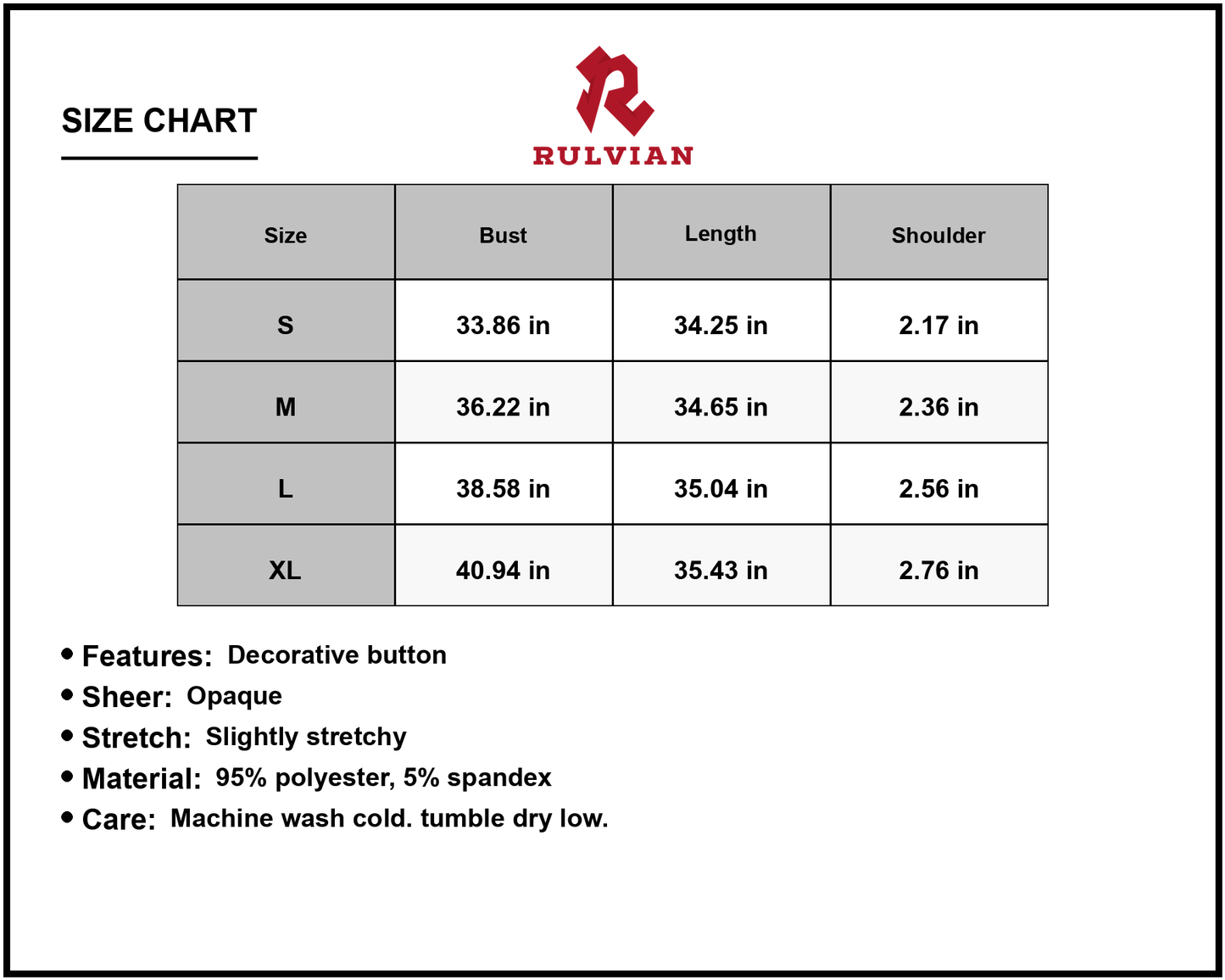 Size Chart - Women's V Neck Sleeveless Mini Dress Chic with Button Sheer Overlay Opaque Stretch Bodice 95% Polyester 5% Spandex