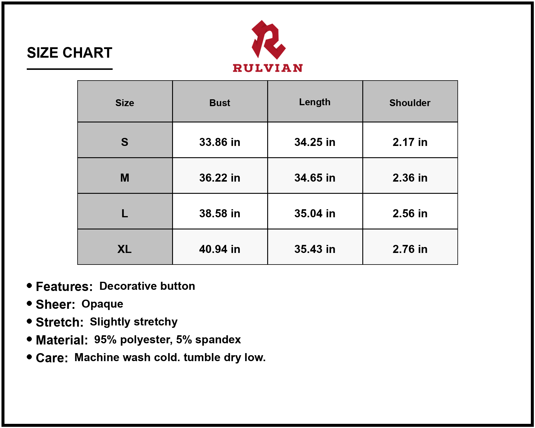 Size Chart - Women's V Neck Sleeveless Mini Dress Chic with Button Sheer Overlay Opaque Stretch Bodice 95% Polyester 5% Spandex