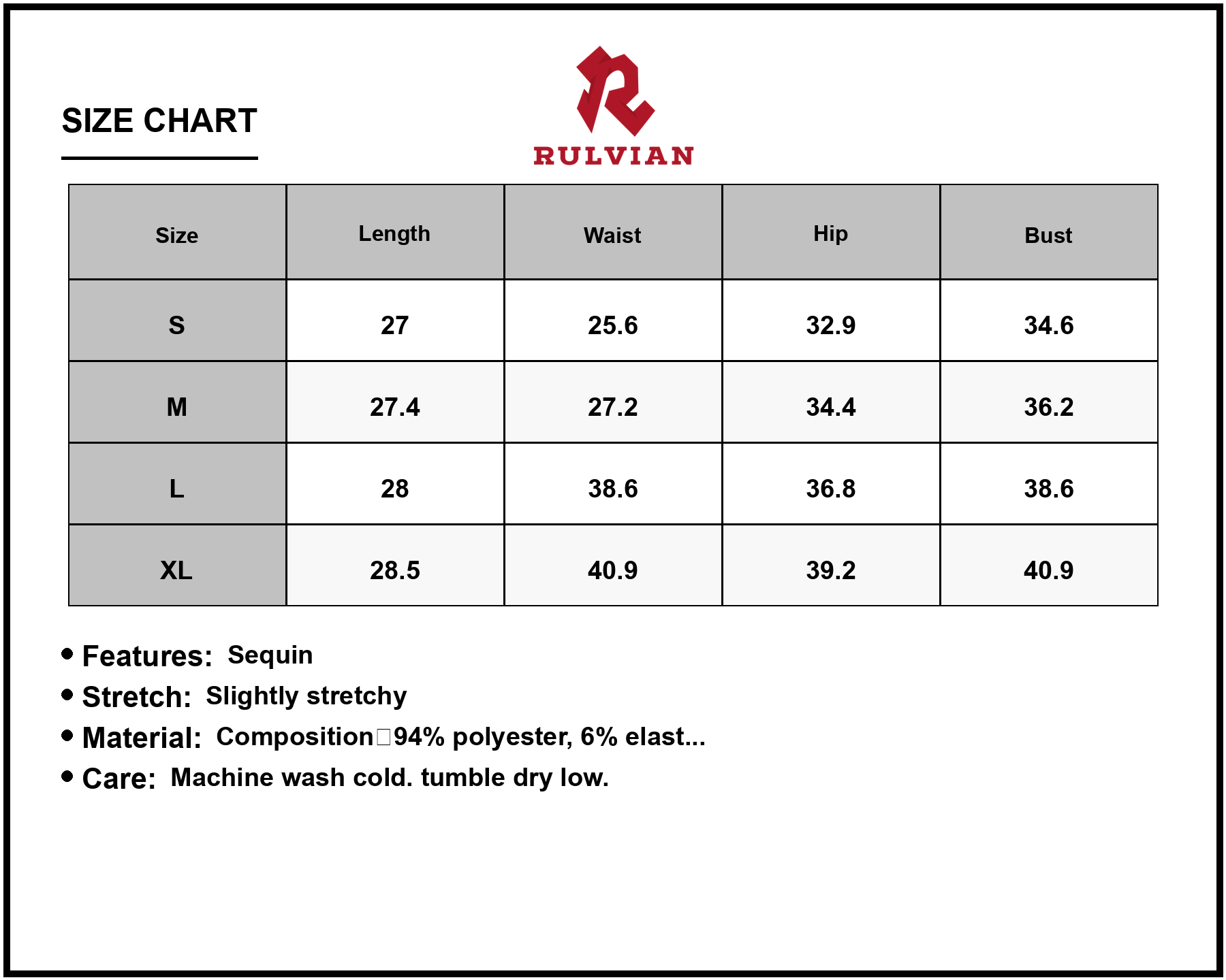 Size Chart - Women's Sequin V Neck Bodycon Dress with 94% Polyester 6% Elastane Fabric and 100% Polyester Lining For Party Events