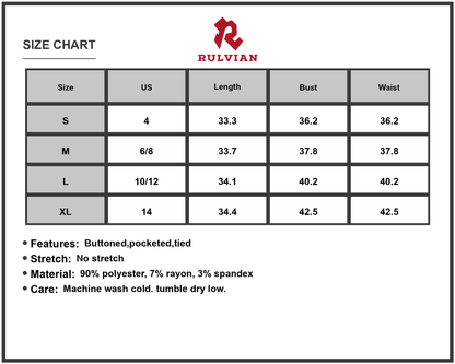 Size Chart - Women's Button Front Sleeveless Mini Dress with Tie Waist ninety percent polyester seven percent rayon three percent spandex
