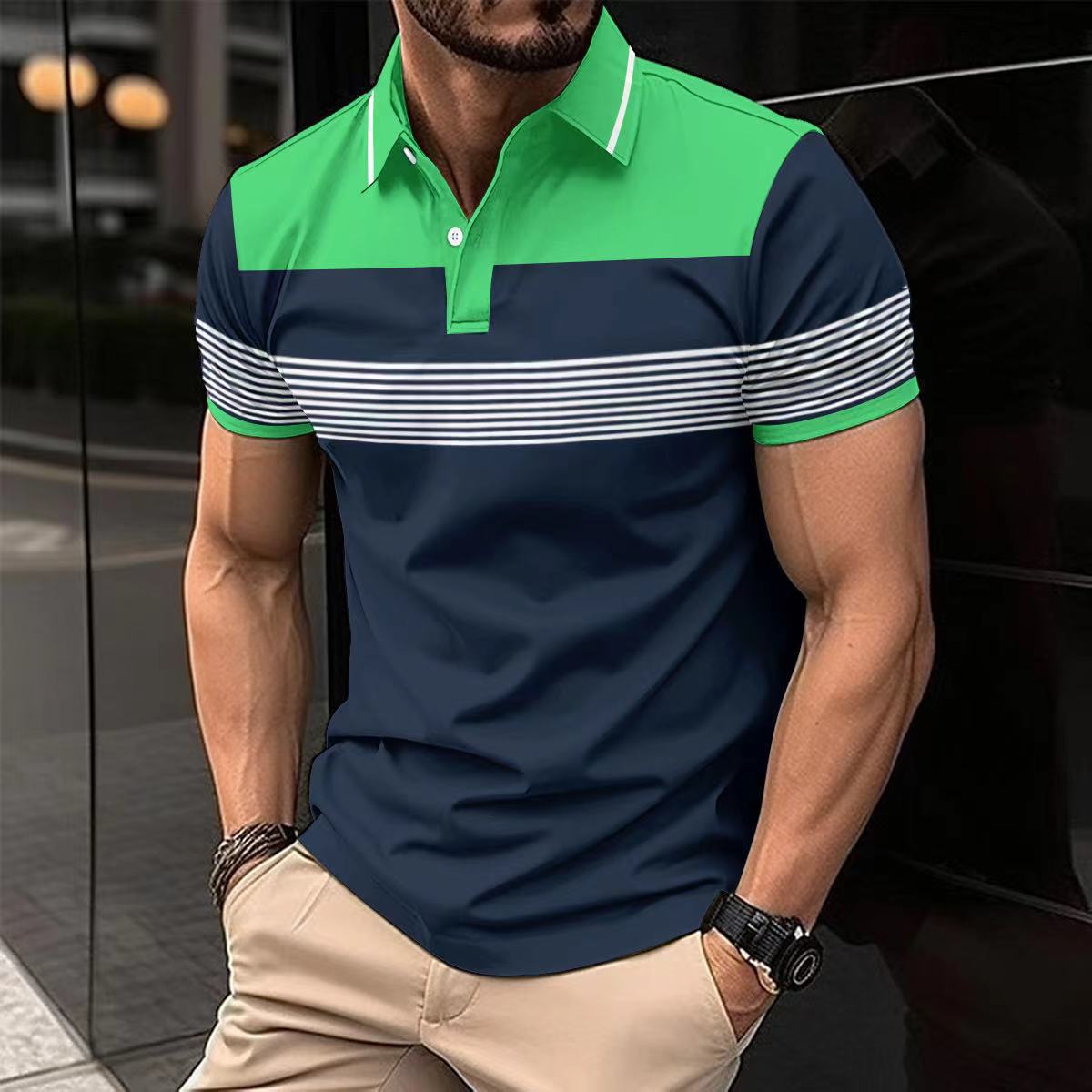 Men's Striped V Neck Button Polo Shirt Cotton Blend 50% Cotton 50% Polyester Lightweight Summer Casual Style