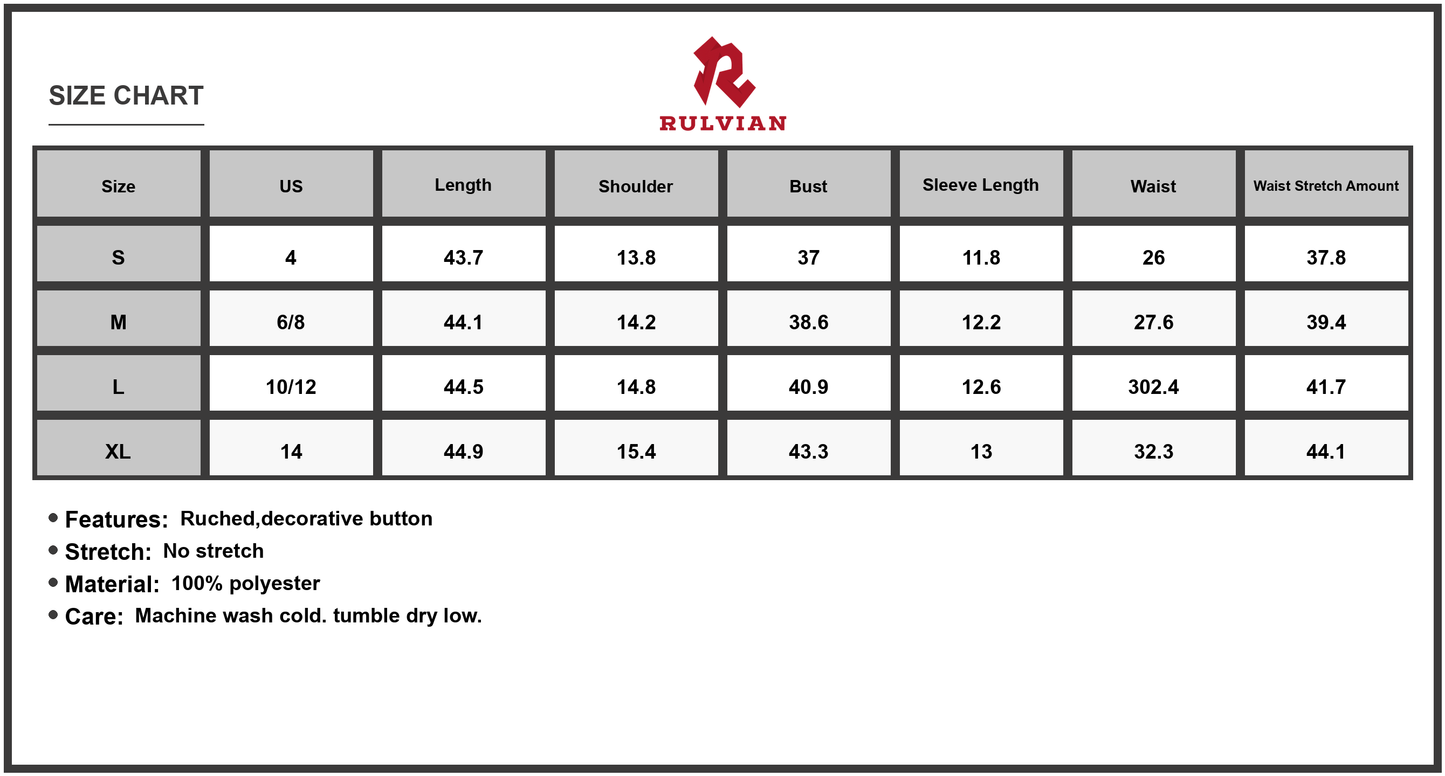 Size Chart - Women's Printed V Neck Flutter Sleeve Midi Dress with Ruched and Button Accent in Pure Polyester Fabric Percent