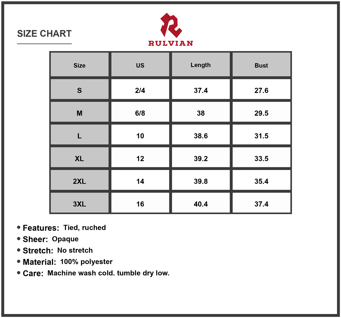 Size Chart - Women's Double Take Printed Long Sleeve Dress with 100% Polyester Fabric Lightweight Soft Easy Care Daily Wear