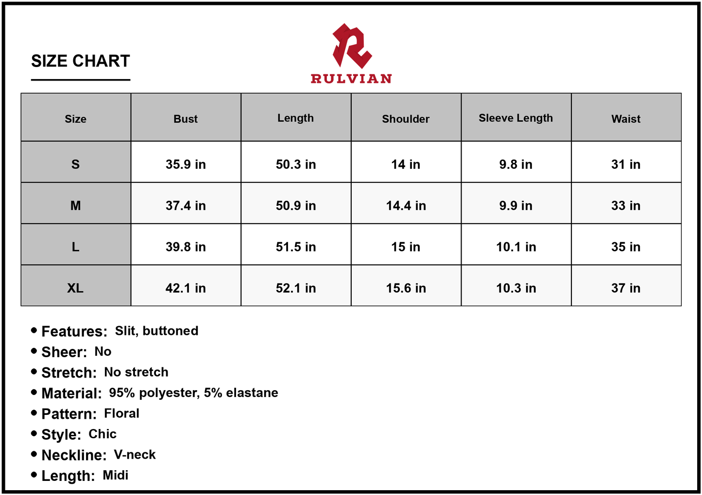 Size Chart - Women's V neck Short Sleeve Midi Dress with High Slit Floral Pattern 95% polyester 5% elastane Lightweight Chic