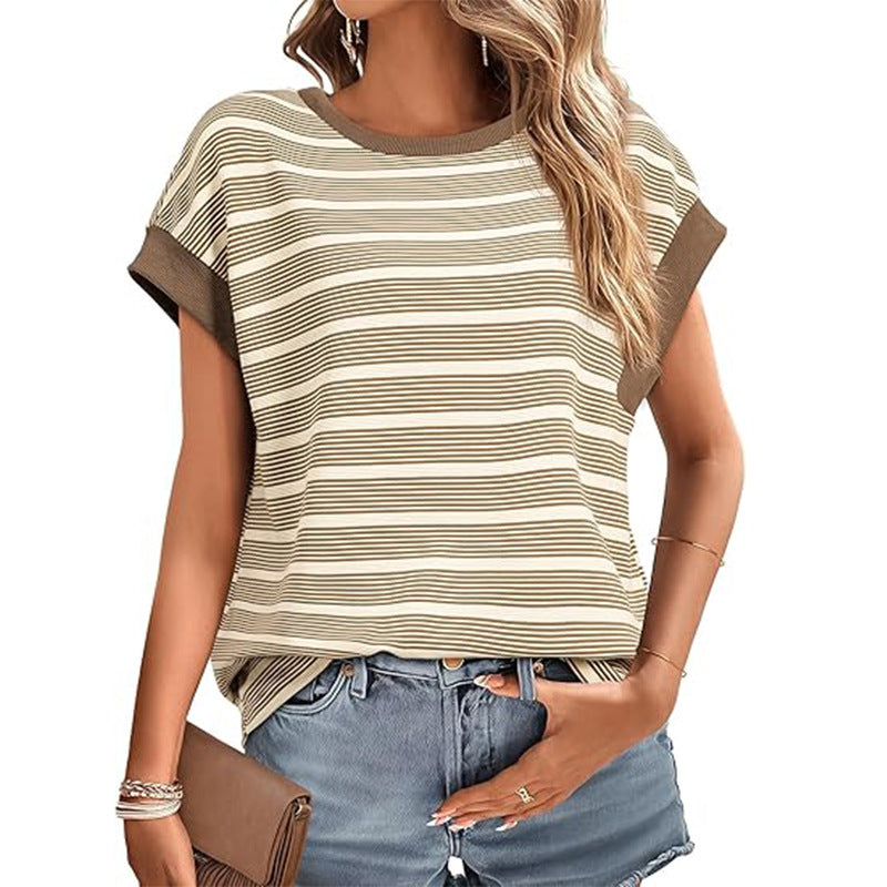 Womens Loose Round Neck Stripe Knitted Tshirt Raglan Sleeves 100% Cotton Top Soft Casual Everyday Wear Daily