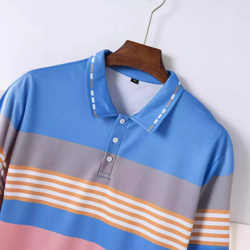 Men's Color Block Digital Printing Button Short Sleeve Top Made With Sky Blue Polyester Fabric for Everyday Wear