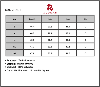Size Chart - Women's Tied Front Printed Slit Maxi Cami Dress Smocked Stretch Lightweight 100% Polyester Summer Outfit for warm days