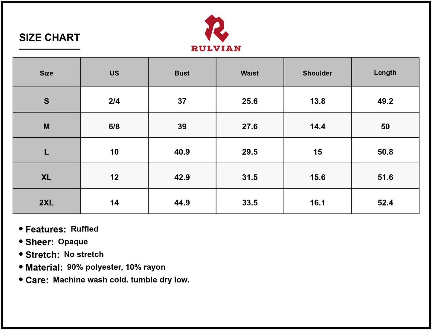 Size Chart - Women's Tiered Ruffled V Neck Cap Sleeve Dress with 90% Polyester and 10% Rayon Fabric for Elegant Occasionwear