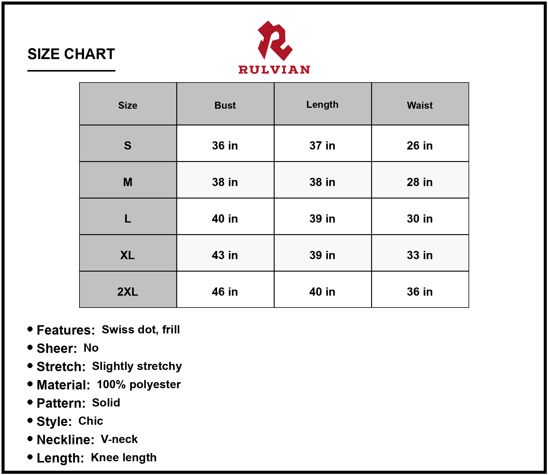 Size Chart - Women's Swiss Dot Frill Trim Flounce Sleeve V-Neck Knee Length Dress 100% polyester fabric for all day wear and drape