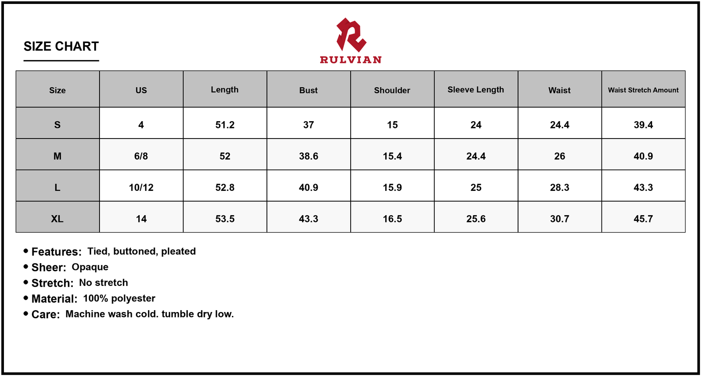 Size Chart - Women's Tied Pleated Printed Mock Neck Long Sleeve Dress 100% Polyester Fabric Elegant Wear Perfect for Party Night
