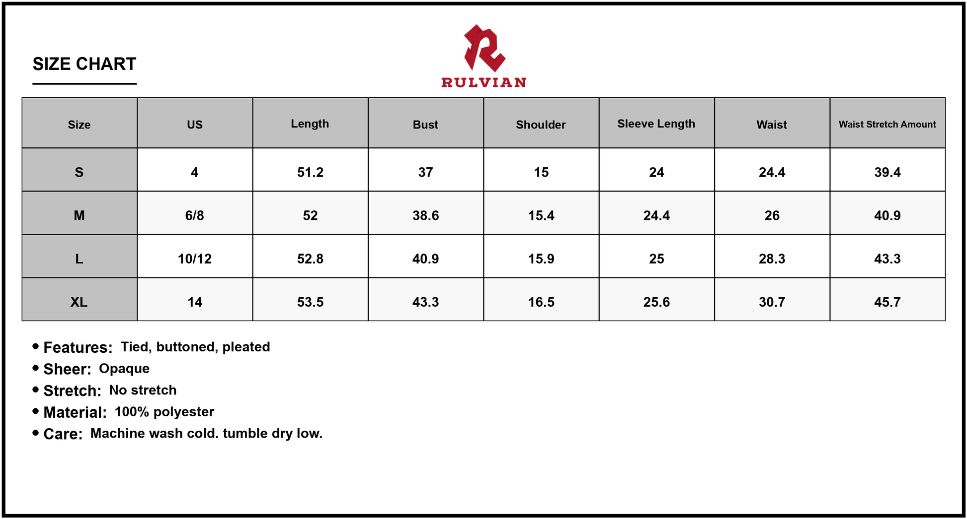 Size Chart - Women's Tied Pleated Printed Mock Neck Long Sleeve Dress 100% Polyester Fabric Elegant Wear Perfect for Party Night