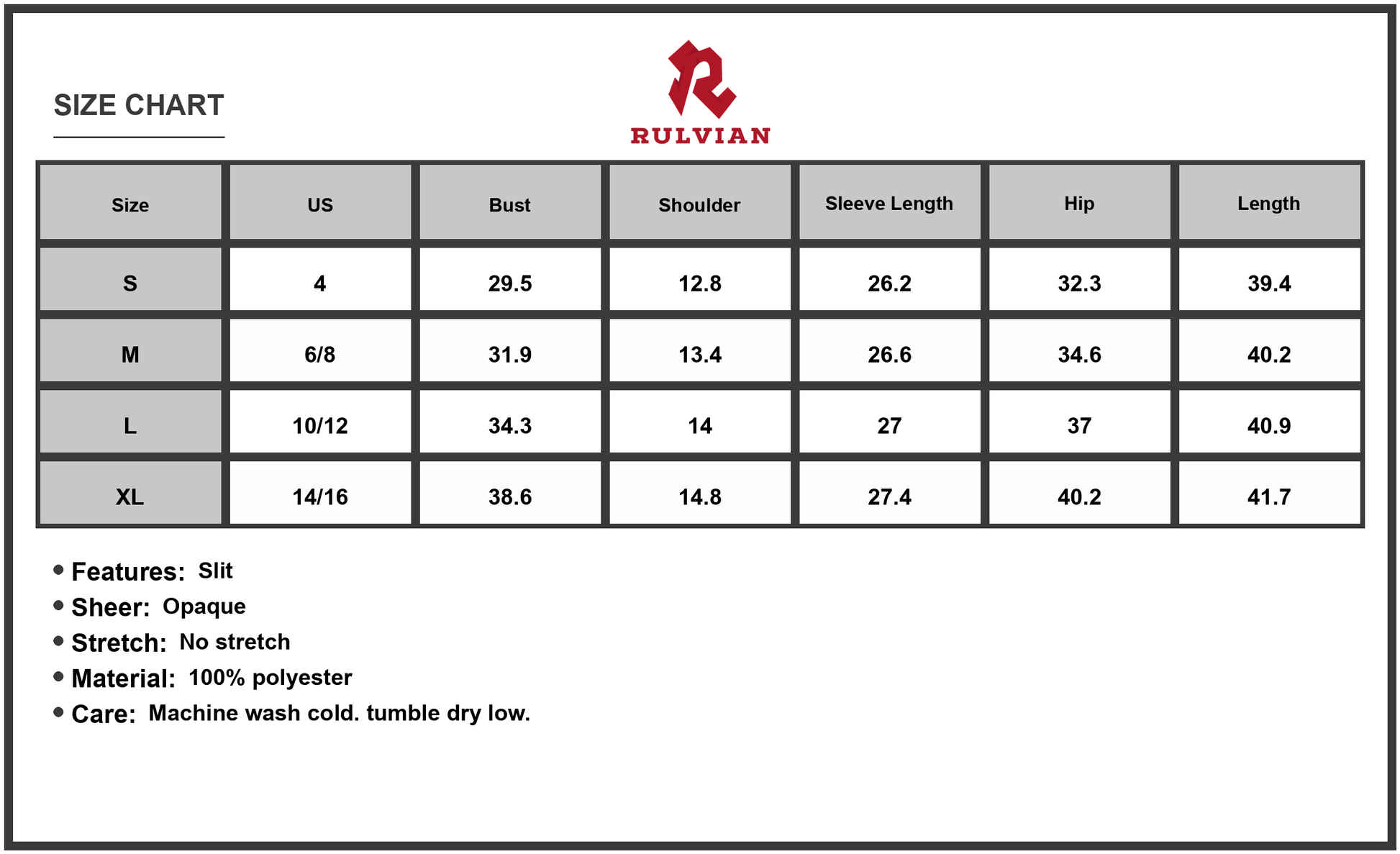 Size Chart - Women's Slit Round Neck Long Sleeve Mini Dress with 100% Polyester Fabric For Elegant Day Or Night Look Casual Style