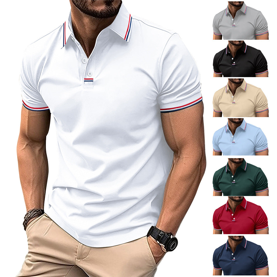 Men's Button Front Short Sleeve T Shirt With Stripe Pattern Pure Color All Match 60% Polyester Lightweight