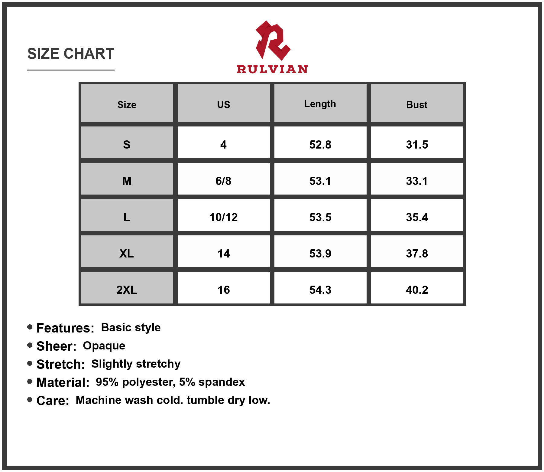 Size Chart - Women's Short Sleeve Maxi Tee Dress with soft touch and comfortable fit ninety five% polyester and five% spandex blend