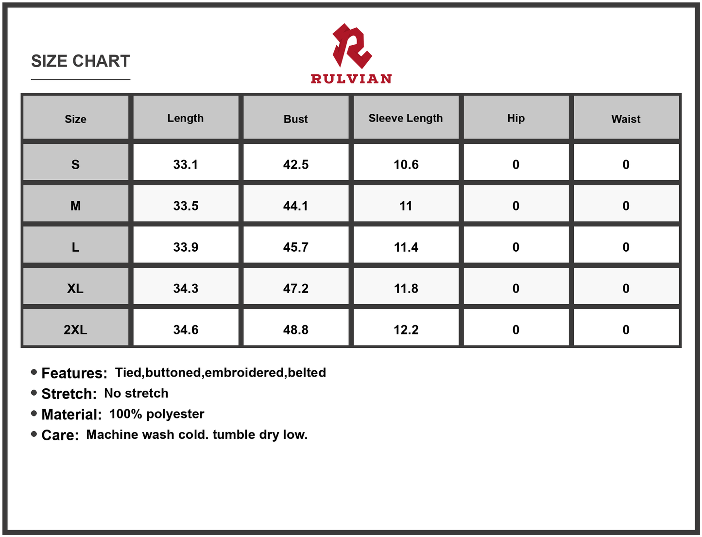 Size Chart - Women's Embroidered Tie Waist Shirt Dress with Buttoned Front Belted Silhouette 100% Polyester Everyday Wear Style