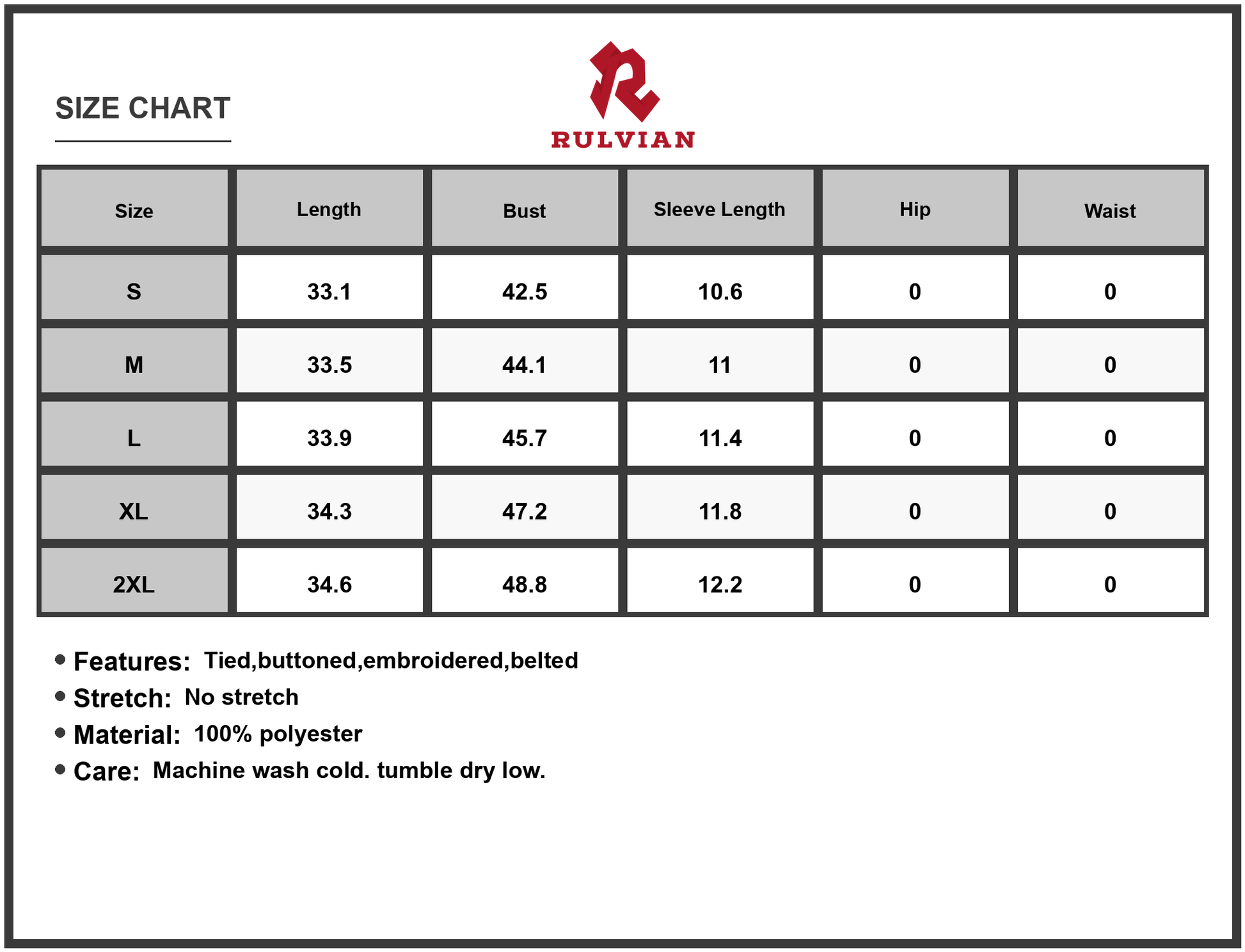 Size Chart - Women's Embroidered Tie Waist Shirt Dress with Buttoned Front Belted Silhouette 100% Polyester Everyday Wear Style