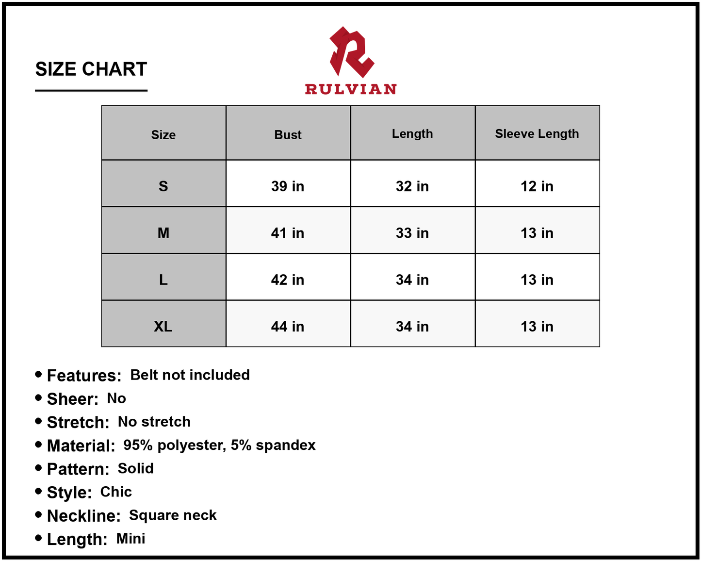 Size Chart - Women's Square Neck Short Sleeve Mini Dress with Balloon Sleeves Ninety Five Percent Polyester Five Percent Spandex