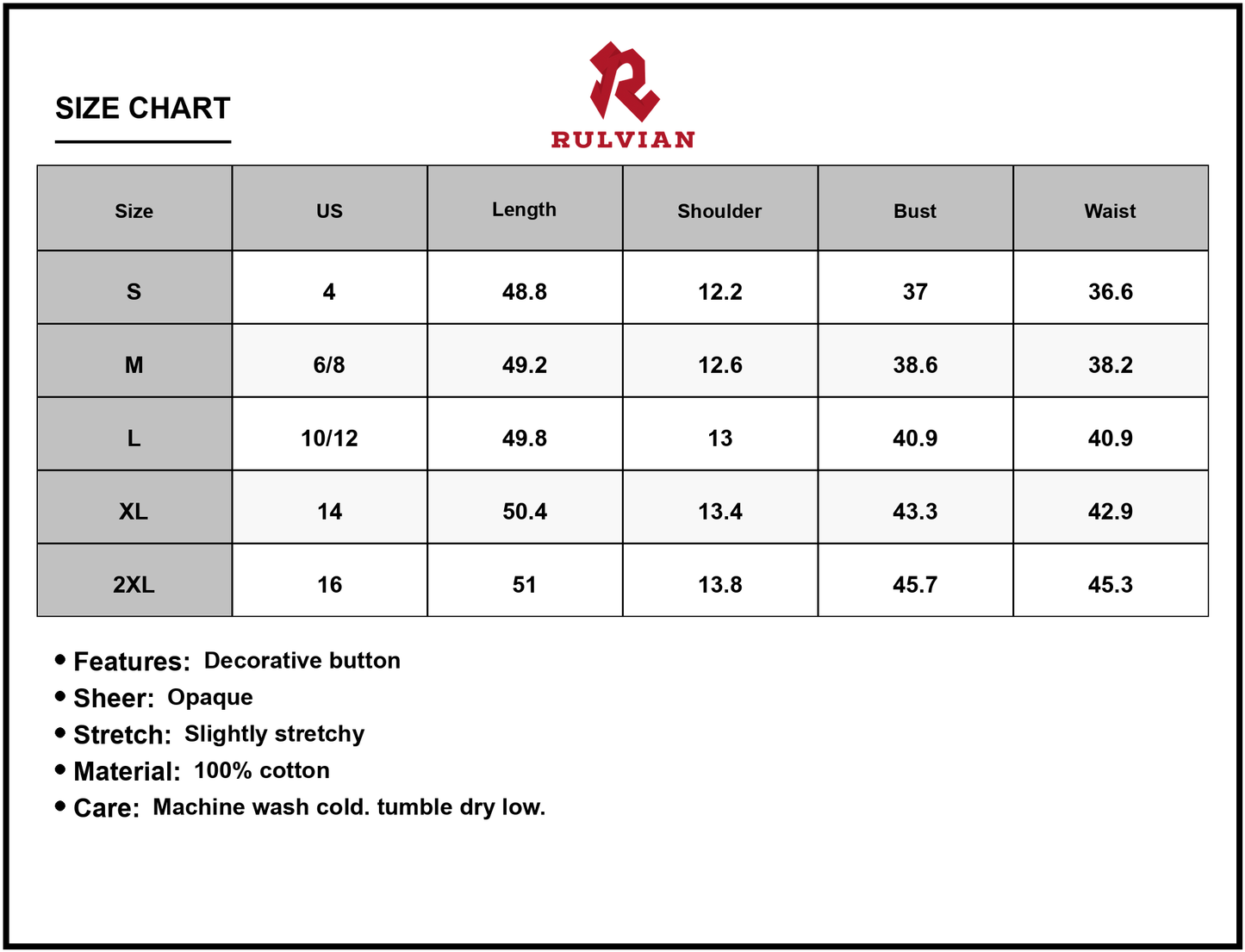 Size Chart - Women's Notched Sleeveless Dress with Decorative Button Details and Sheer Overlay 100% Cotton Fabric ideal for every day