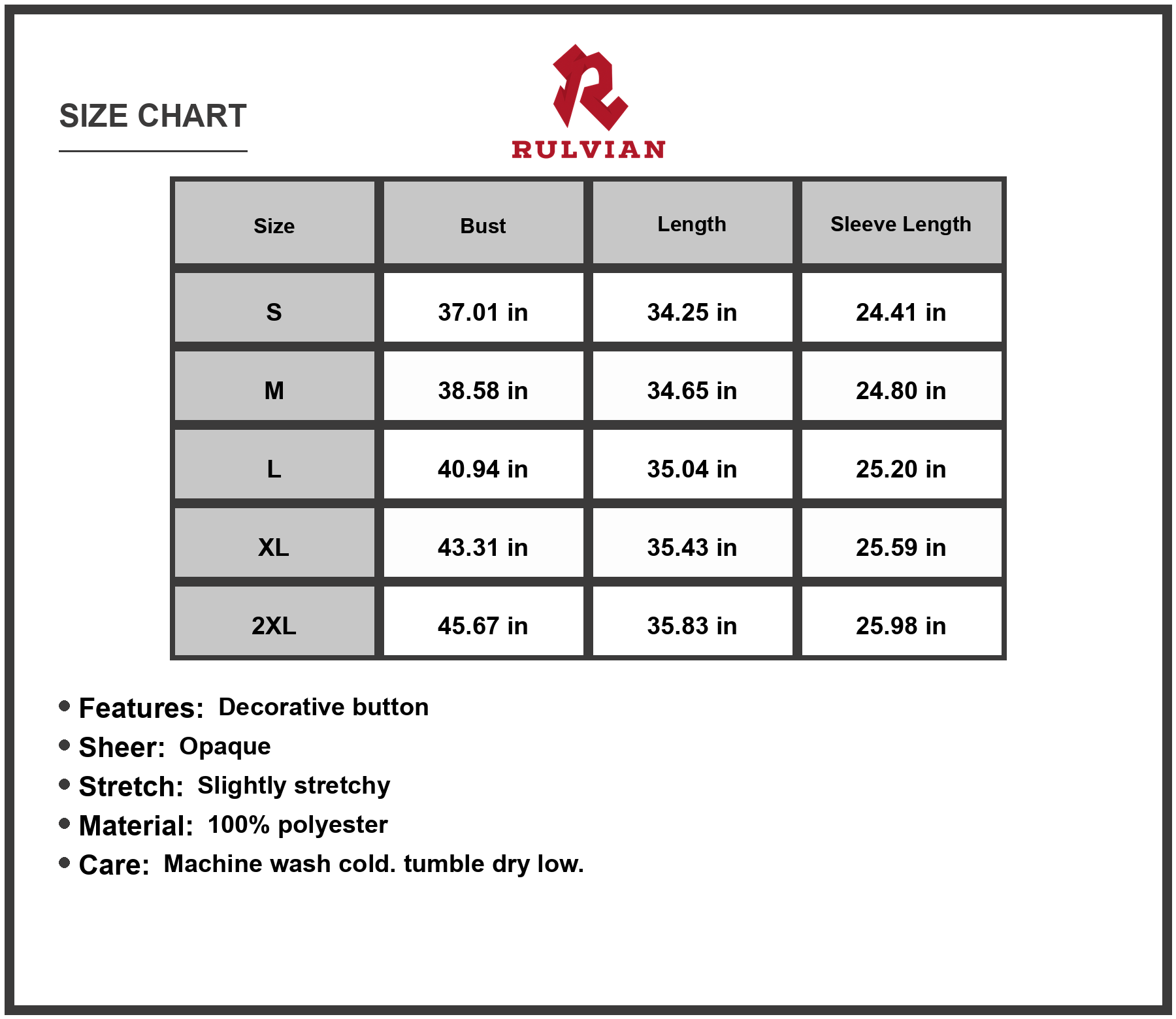 Size Chart - Women's Decorative Button Round Neck Dress with Sheer Overlay and Slight Stretch 100% Polyester Fabric For Everyday Wear