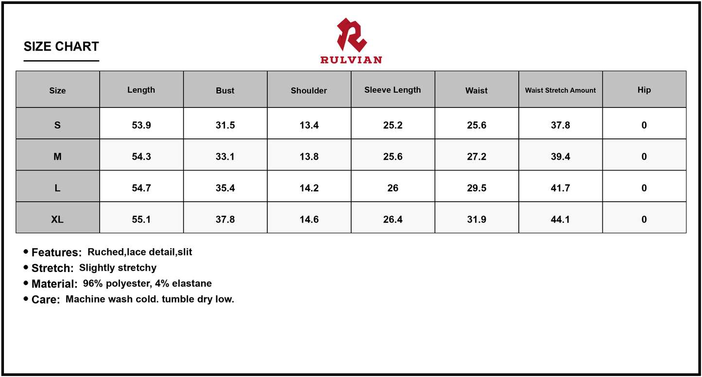 Size Chart - Women's Bow Long Sleeve V Neck Maxi Dress with Ruched Lace Detail and Slit for Elegant Occasion and Comfortable Wear