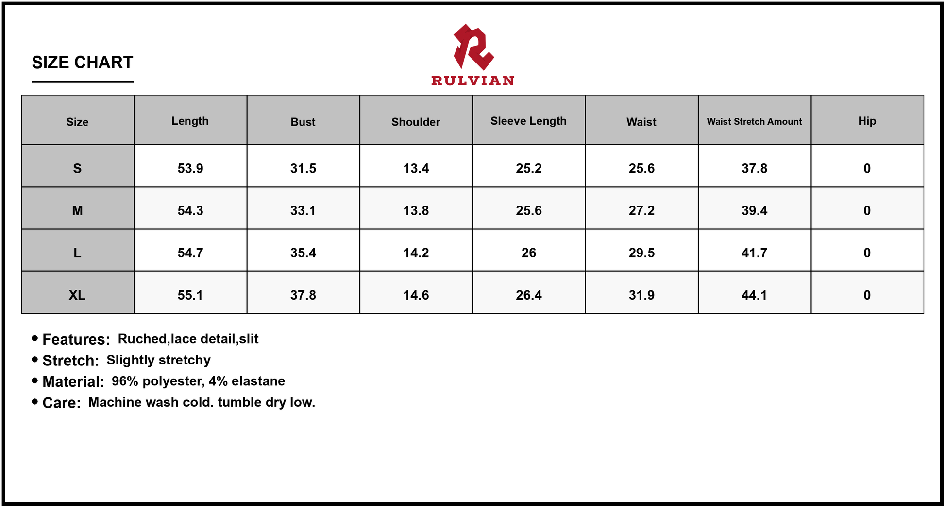 Size Chart - Women's Bow Long Sleeve V Neck Maxi Dress with Ruched Lace Detail and Slit for Elegant Occasion and Comfortable Wear