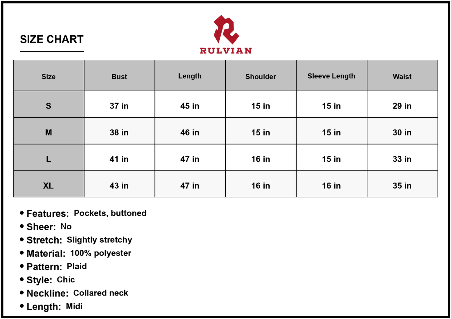 Size Chart - Womens Plaid Collared Neck Midi Dress with Pockets and Button Front Short Sleeves Made of 100% Polyester Fabric