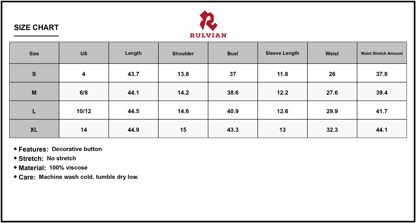 Size Chart - Women's Printed V Neck Flutter Sleeve Dress viscose 100% fabric for a comfortable everyday look and easy care wash