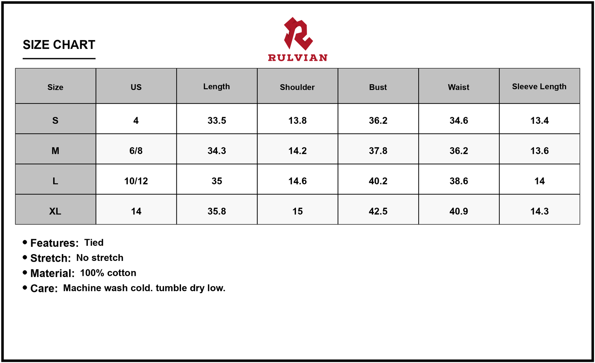 Size Chart - Womens V Neck Front Tie Mini Dress with Puff Sleeves 100% Cotton Lightweight Everyday Wear versatile daily essential