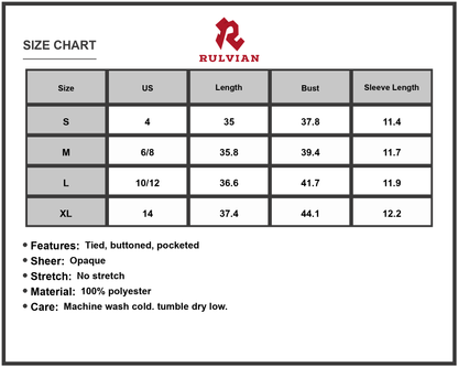 Size Chart - Women's Tie Waist Button Down Short Sleeve Mini Dress with Pockets 100% Polyester Fabric Versatile Everyday Wear