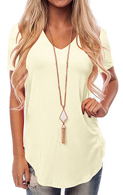 Women's V Neck Short Sleeve T Shirt Apricot With Dovetail Stitching For Casual Everyday Comfort Modal % Fabric