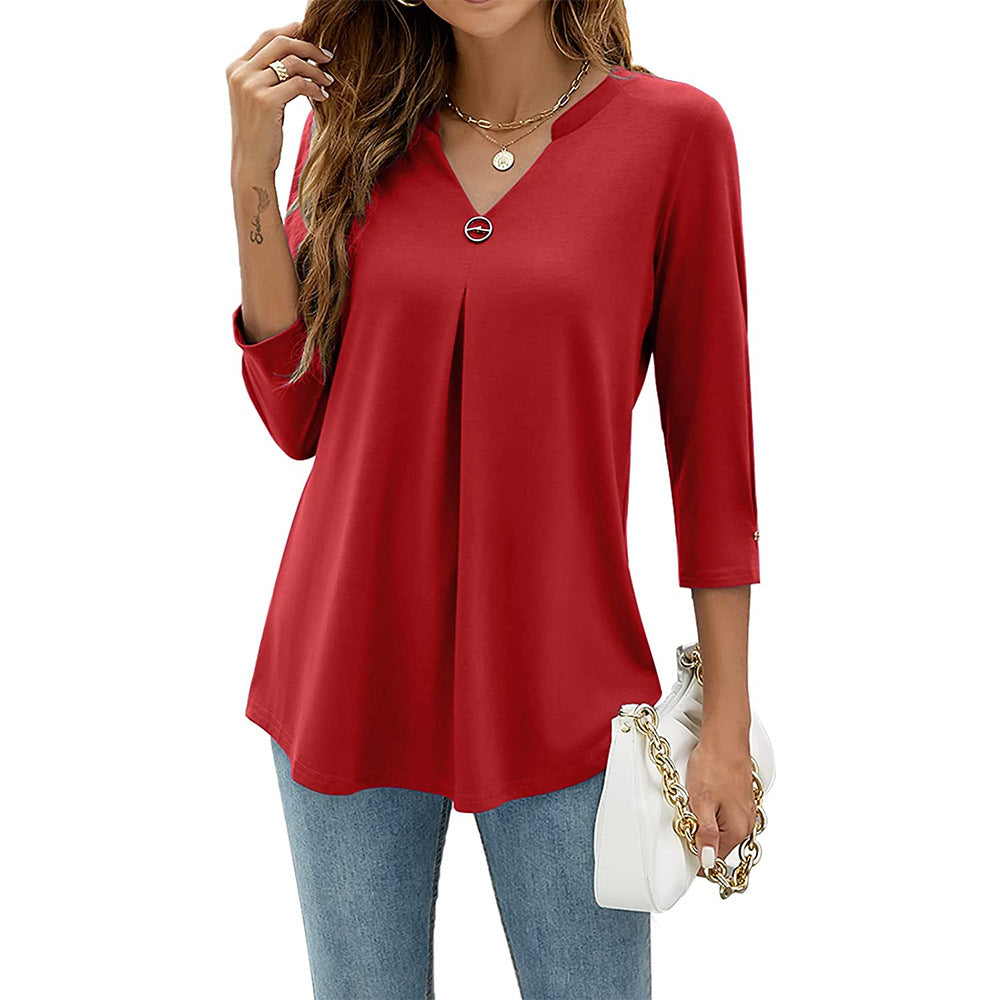 Women's V Neck Clinch Pleated T Shirt Top 100% Cotton Loose Fit Street Style Casual Easy Everyday Wear