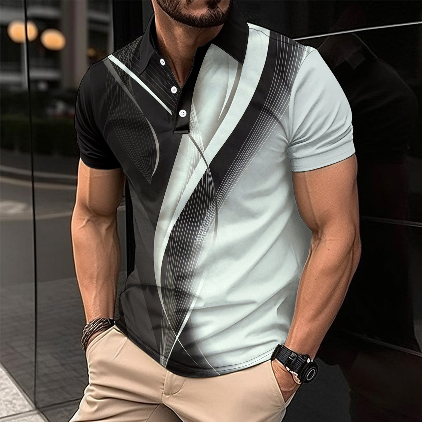 Men's Colorblock Lapel Button T Shirt 100% Polyester Loose Fit Casual Top For Daily Wear Comfort All Day