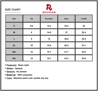 Size Chart - Women's Slit V Neck Sleeveless Midi Dress 100% Polyester Lightweight Elegant Everyday Wear Ideal for Casual Office