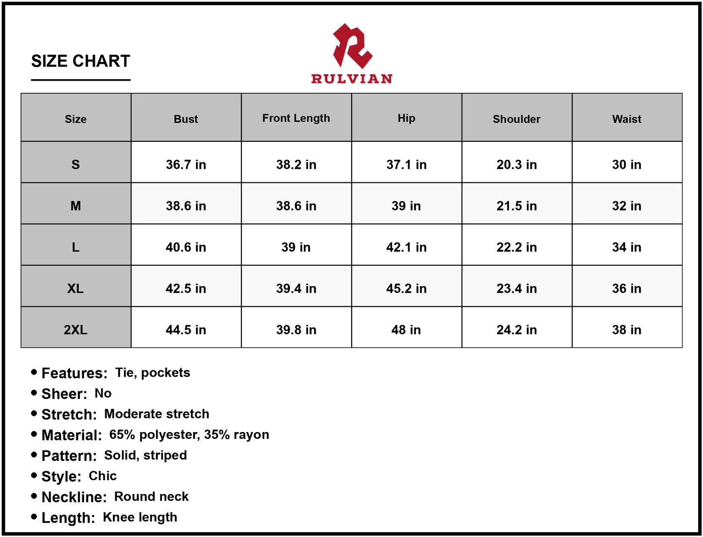 Size Chart - Women's Tie Front Round Neck Short Sleeve Dress with Pockets Knee Length Chic Pencil Hem 65% polyester 35% rayon