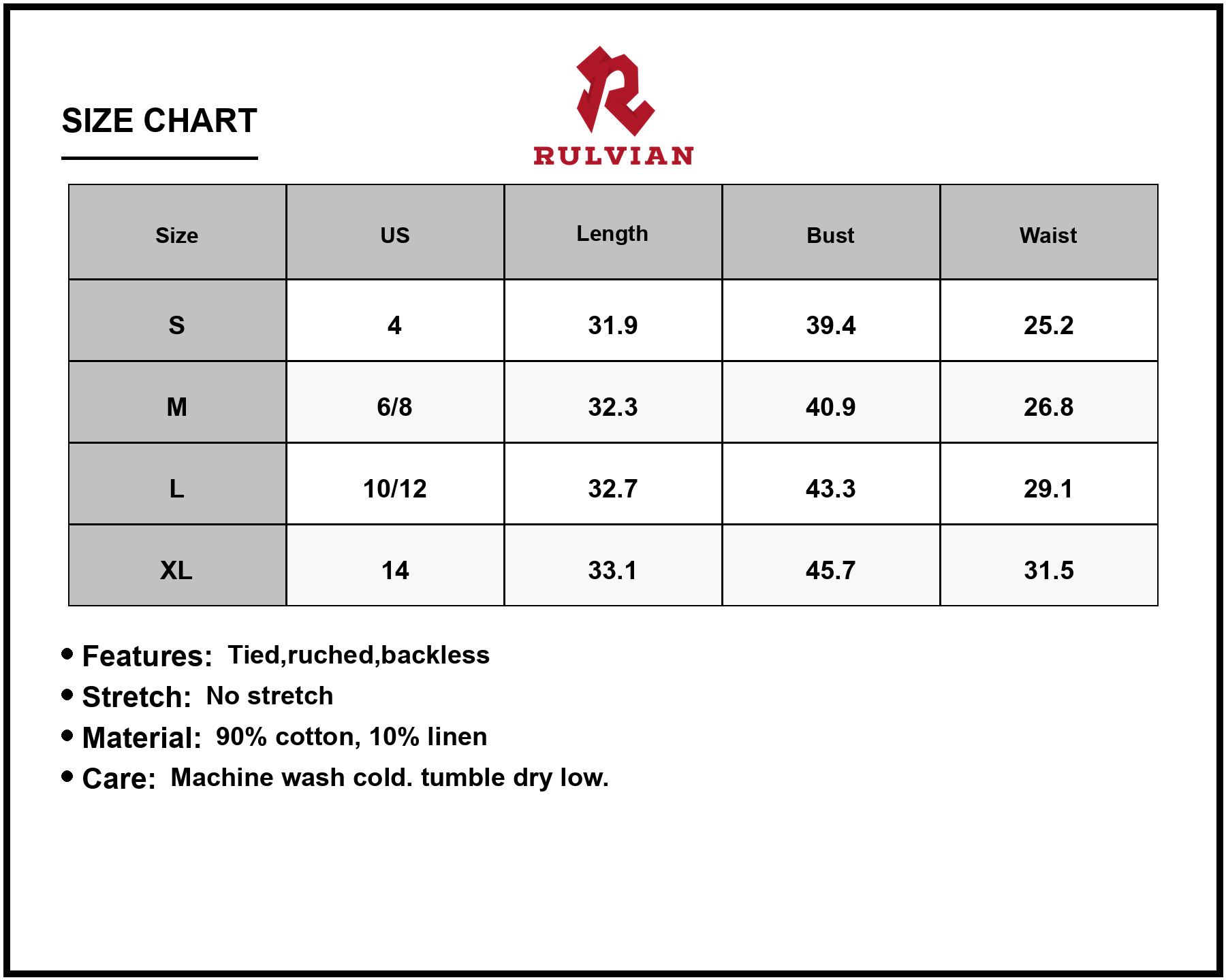 Size Chart - Womens Cutout Halter Neck Mini Dress with Tied Back and Ruched Bodice Breathable Lightweight 90% Cotton 10% Linen Lined