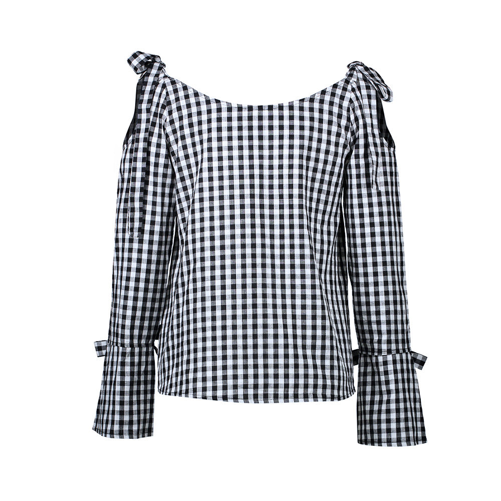 Men's Plaid Long Sleeve Bow Shirt With Lace Up Details Round Neck Casual Cotton Fabric Hundred Percent Cotton