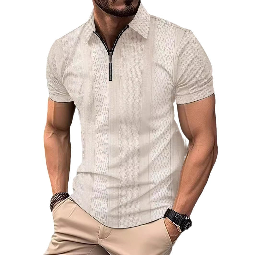 Men's Striped Printing Lapel Button Polo Shirt Leisure Fit Short Sleeve with 100% Polyester Fabric Material