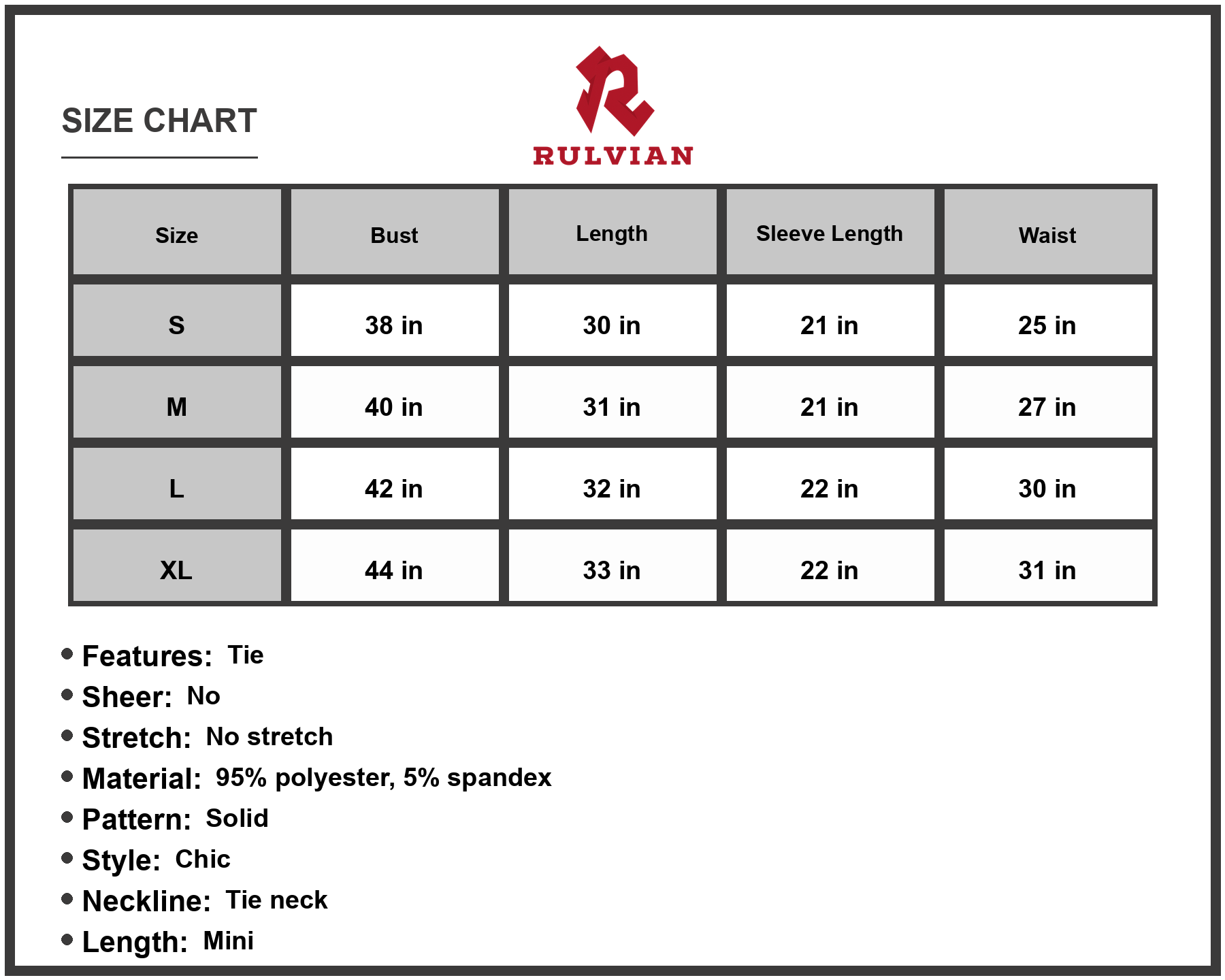 Size Chart - Women's Tie Neck Flare Sleeve Mini Dress Casual Chic for Day Wear and Evening Events 95% Polyester 5% Spandex