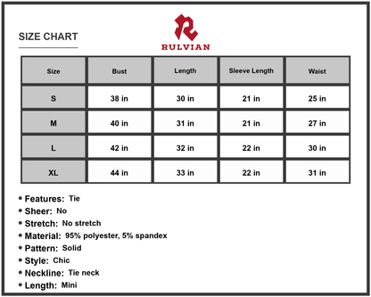 Size Chart - Women's Tie Neck Flare Sleeve Mini Dress Casual Chic for Day Wear and Evening Events 95% Polyester 5% Spandex