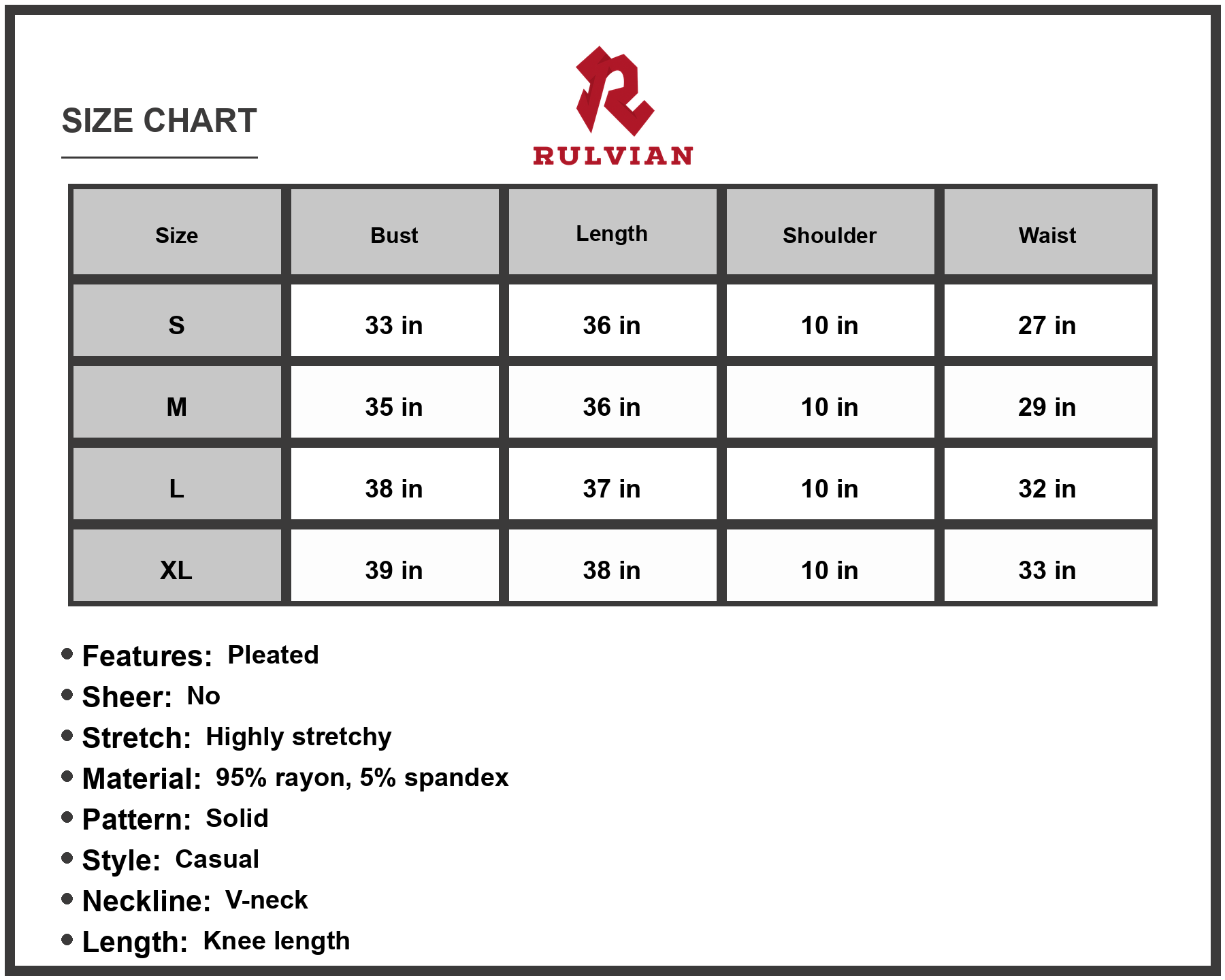 Size Chart - Women's Pleated V Neck Short Sleeve Tee Dress 95% Rayon 5% Spandex Comfortable Knee Length Casual Everyday Soft Feel