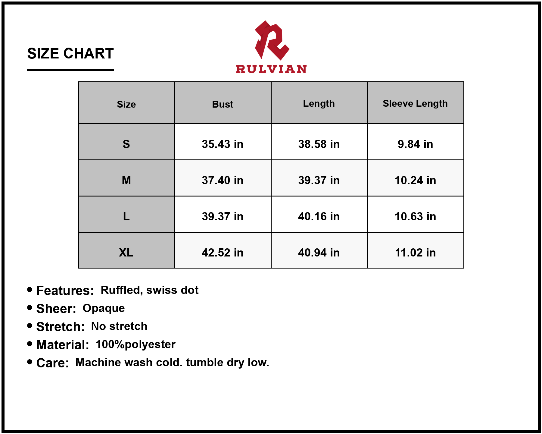 Size Chart - Women's Swiss Dot Ruffled V Neck Tiered Dress with Sheer Overlay 100% Polyester Fabric for Elegant Occasion Party