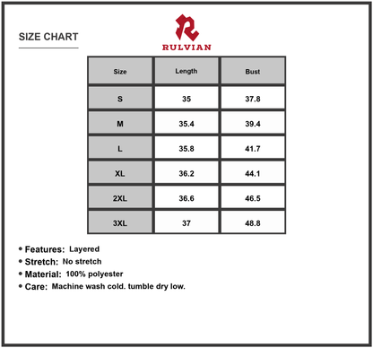 Size Chart - Women's Full Size Layered Long Sleeve Mini Dress with No Stretch Unlined Bodice Plus Size Friendly 100% Polyester