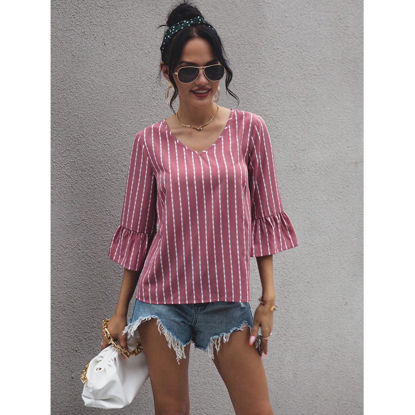 Women's V Neck Striped T Shirt Pink Short Sleeve Casual Top For Everyday Wear Lightweight Polyester % Fabric