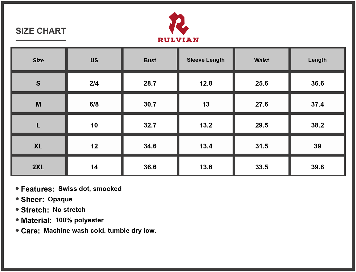 Size Chart - Women's Swiss Dot Smocked Square Neck Dress with 100% Polyester fabric for a lightweight chic silhouette daily wear