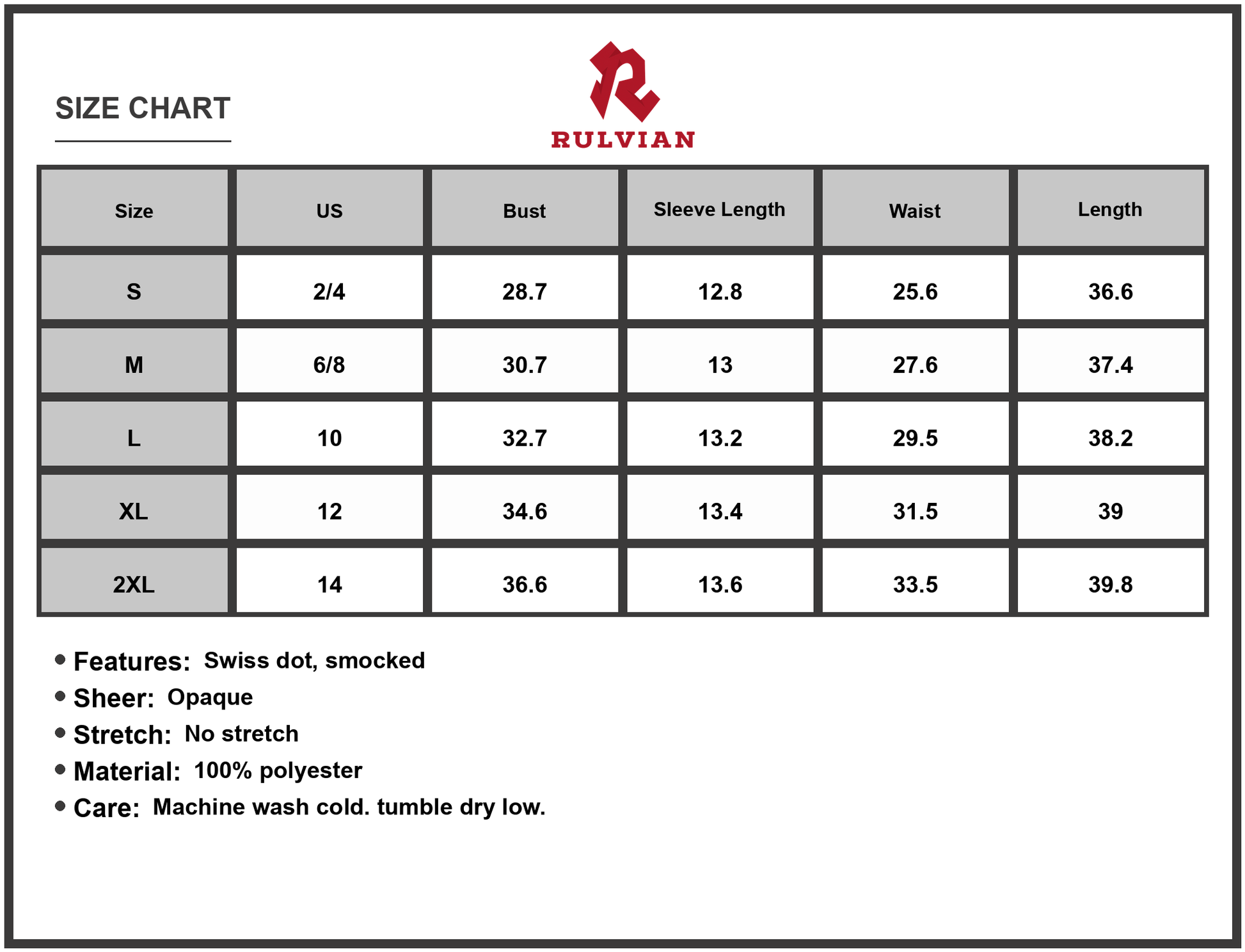 Size Chart - Women's Swiss Dot Smocked Square Neck Dress with 100% Polyester fabric for a lightweight chic silhouette daily wear