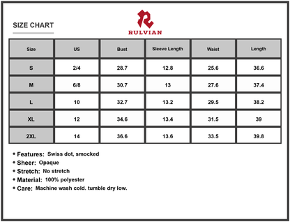 Size Chart - Women's Swiss Dot Smocked Square Neck Dress with 100% Polyester fabric for a lightweight chic silhouette daily wear