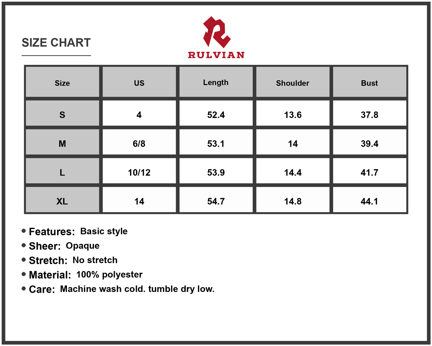 Size Chart - Women's Printed Notched Sleeveless Dress with Bold Pattern 100% Polyester Fabric Easy Care Machine Washable Lightweight